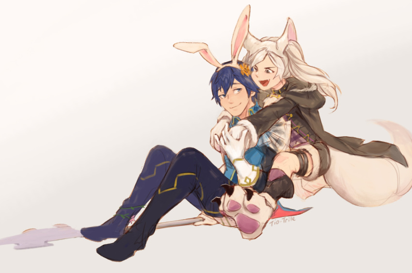 1boy 1girl alternate_costume animal_ears blue_hair chrom_(fire_emblem) claws fake_animal_ears fire_emblem fire_emblem_awakening fire_emblem_heroes fur_trim gloves hug hug_from_behind jacket paw_gloves paw_shoes paws rabbit_ears robin_(fire_emblem) robin_(fire_emblem)_(female) shoes short_hair short_shorts shorts silver_hair tail tio-trile twintails wolf_ears wolf_tail
