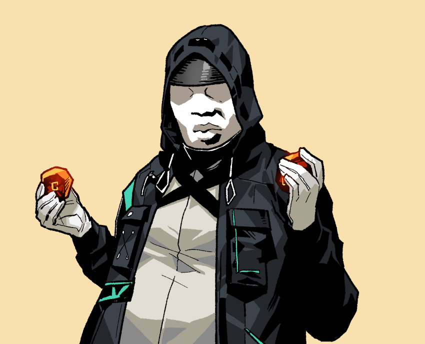 1boy arknights black_jacket closed_mouth coxinha_roll dancing doctor_(arknights) gloves gogalking highres holding hood hood_up jacket male_focus meme originium_(arknights) photo-referenced simple_background solo upper_body white_gloves yellow_background
