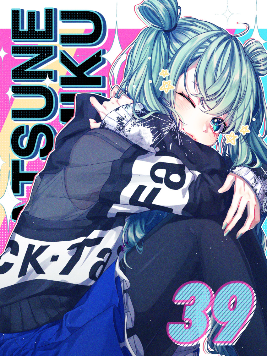 1girl 39 ;3 ahoge aqua_eyes aqua_hair aqua_nails bangs black_legwear blue_eyes blue_skirt character_name clothes_writing double_bun feet_out_of_frame from_side green_hair hand_in_hair hatsune_miku head_rest highres homi hood hood_down hoodie knees_up long_hair long_sleeves looking_at_viewer nail_polish one_eye_closed pantyhose petticoat pleated_skirt print_hoodie project_sekai sitting skirt solo splatter star_(symbol) twintails vocaloid