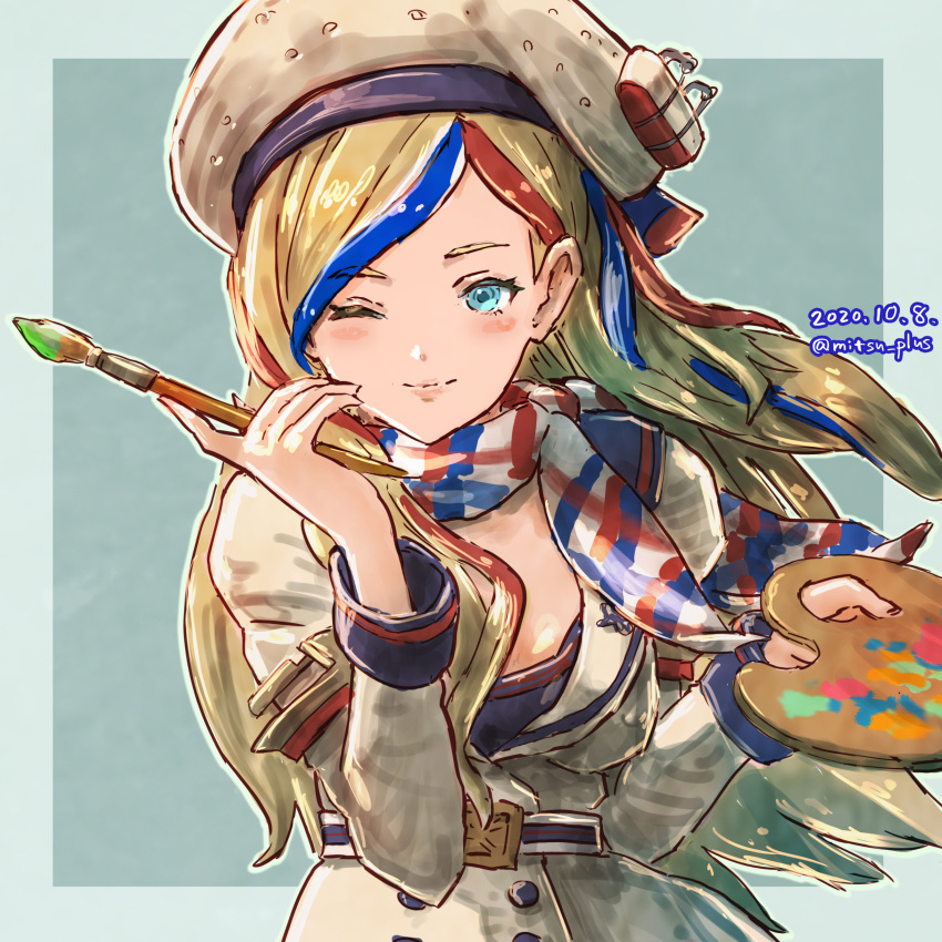 1girl absurdres bangs beret blonde_hair blue_hair commandant_teste_(kantai_collection) commentary_request dated double-breasted grey_background hat highres jacket kantai_collection long_hair looking_at_viewer mitsu_plus multicolored multicolored_clothes multicolored_hair multicolored_scarf one_eye_closed paintbrush palette redhead scarf solo streaked_hair swept_bangs twitter_username two-tone_background wavy_hair white_hair white_jacket