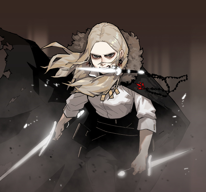 1girl angry black_cape black_pants blonde_hair cape commentary cowboy_shot dagger dual_wielding dust earrings fangs floating_hair gogalking greyscale highres holding holding_sword holding_weapon jewelry leonir_(gogalking) long_sleeves looking_at_viewer monochrome mouth_hold necklace original pants reverse_grip shirt solo standing sword weapon white_shirt