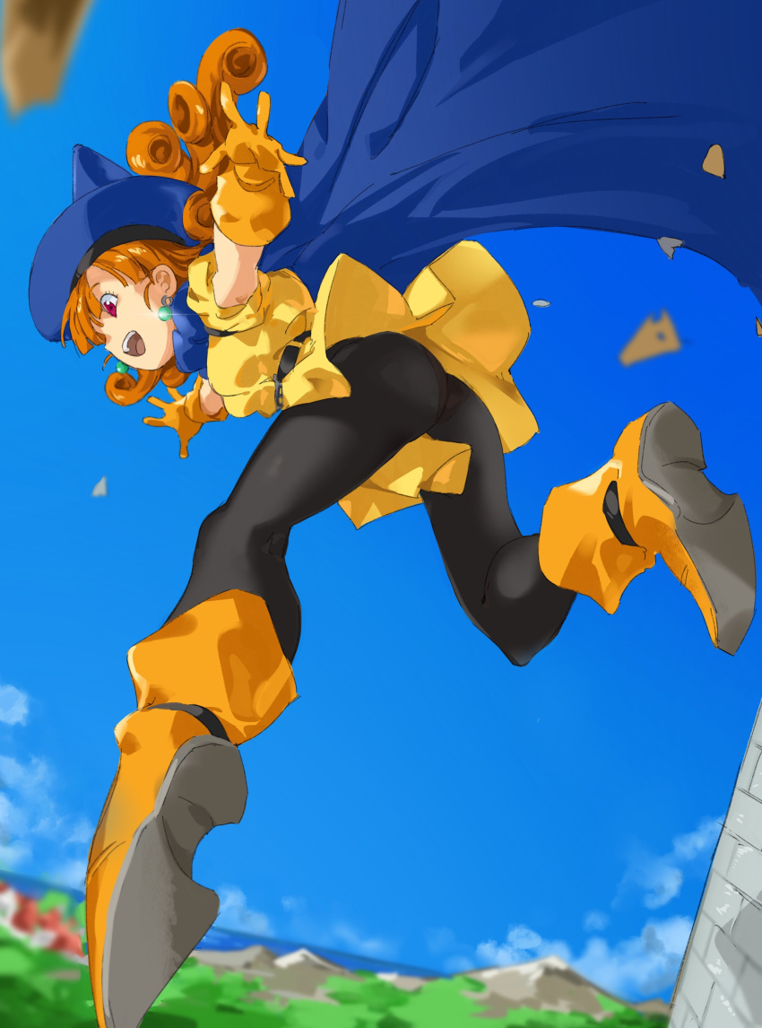 1girl :d absurdres alena_(dq4) ankle_boots ass bangs black_legwear blue_cape blue_headwear blue_sky boots breasts cape clouds curly_hair day dragon_quest dragon_quest_iv dress earrings eyebrows_visible_through_hair gloves hat highres jewelry legs_apart long_hair midair mountain ocean open_mouth orange_footwear orange_gloves orange_hair outdoors outstretched_arms panties panties_under_pantyhose pantyhose pretty-purin720 red_eyes short_dress short_sleeves sky small_breasts smile solo teeth underwear yellow_dress