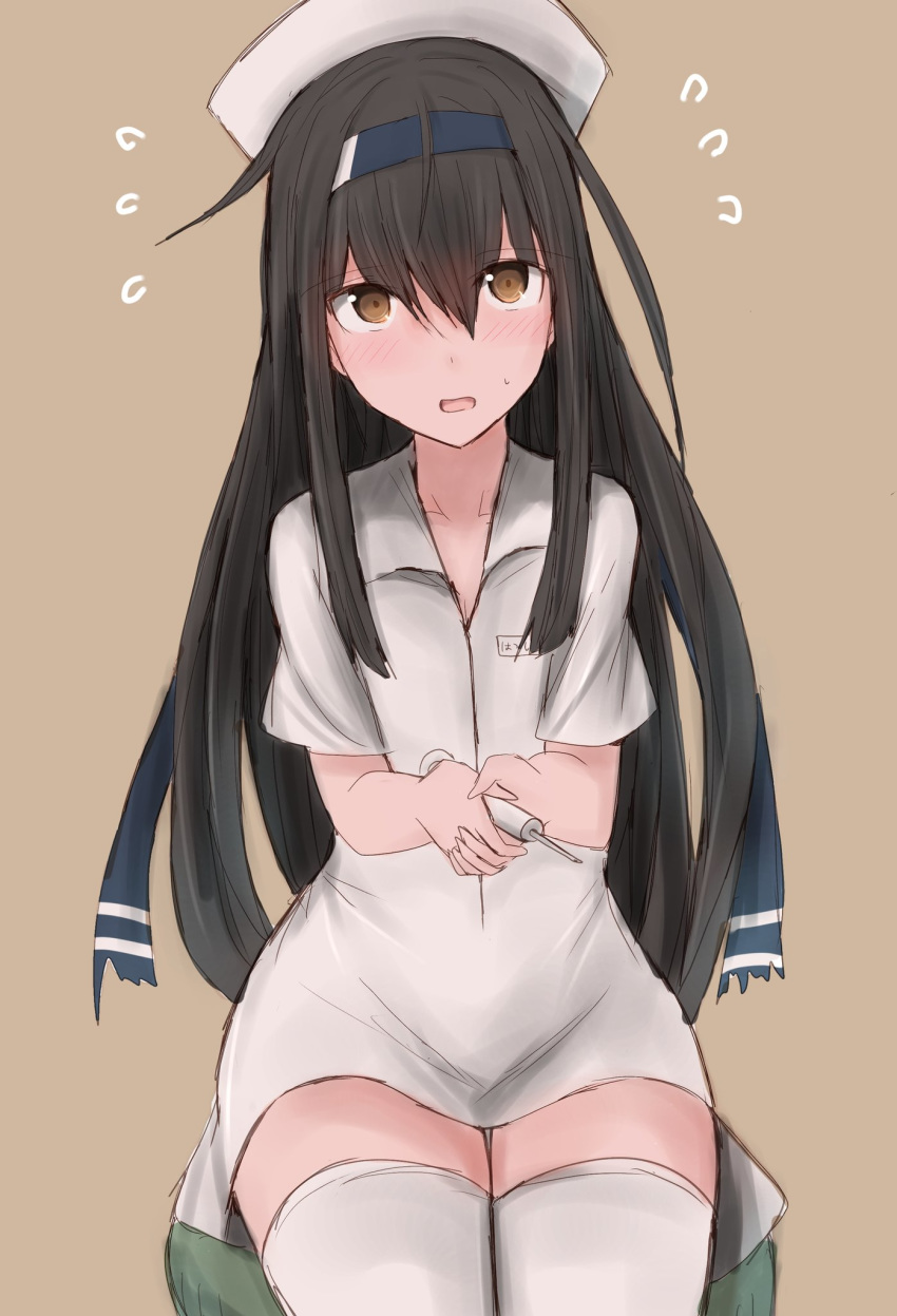 1girl bangs black_hair blush brown_background hair_between_eyes hat hatsushimo_(kantai_collection) headband highres holding holding_syringe kamaboko_senshi kantai_collection long_hair low-tied_long_hair nurse nurse_cap open_mouth red_eyes short_sleeves sidelocks sitting solo sweatdrop syringe thigh-highs white_legwear