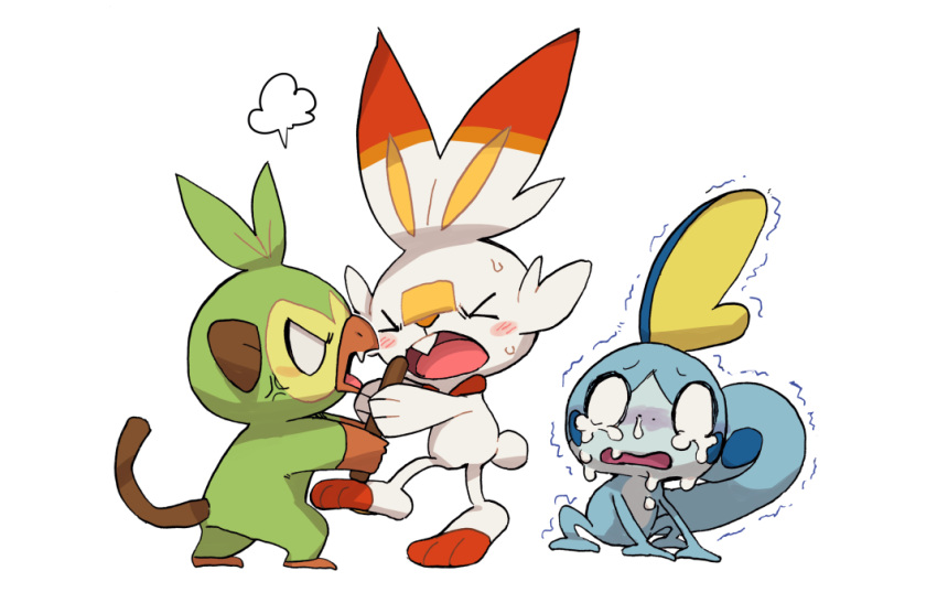 &gt;_&lt; anger_vein angry blank_eyes blush commentary_request crying fang gen_8_pokemon grookey holding holding_stick makoto_ikemu no_humans open_mouth pokemon pokemon_(creature) scorbunny sobble starter_pokemon_trio stick tongue trembling