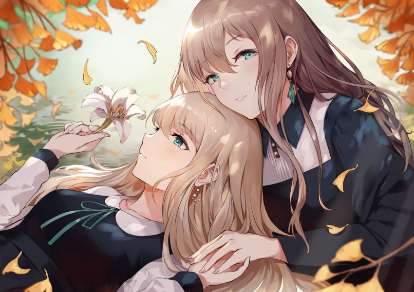2girls aqua_eyes autumn autumn_leaves bangs blonde_hair blunt_bangs blurry blurry_background blush buttons closed_mouth collarbone collared_dress day depth_of_field dress earrings eyebrows_visible_through_hair eyelashes fingernails flower green_dress green_neckwear hair_between_eyes half-closed_eyes hands_together hands_up head_to_head holding holding_flower holding_hands jewelry light_brown_hair lily_(flower) long_hair long_sleeves looking_at_viewer looking_away lying multiple_girls nail_polish nature neck_ribbon nr_noir on_back original outdoors parted_lips pearl_earrings pink_nails profile ribbon shiny shiny_hair sidelocks smile symbol_commentary two-tone_dress upper_body water white_dress white_flower yuri