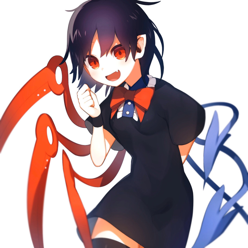 1girl arm_behind_back asymmetrical_wings black_dress black_hair black_legwear blue_wings bow bowtie breasts buttons center_frills clenched_hand commentary_request cowboy_shot dress fang frills highres houjuu_nue ikasoba open_mouth pointy_ears red_bow red_eyes red_neckwear red_wings short_dress short_hair short_sleeves simple_background skin_fang small_breasts solo thigh-highs touhou white_background wide_sleeves wings wristband zettai_ryouiki