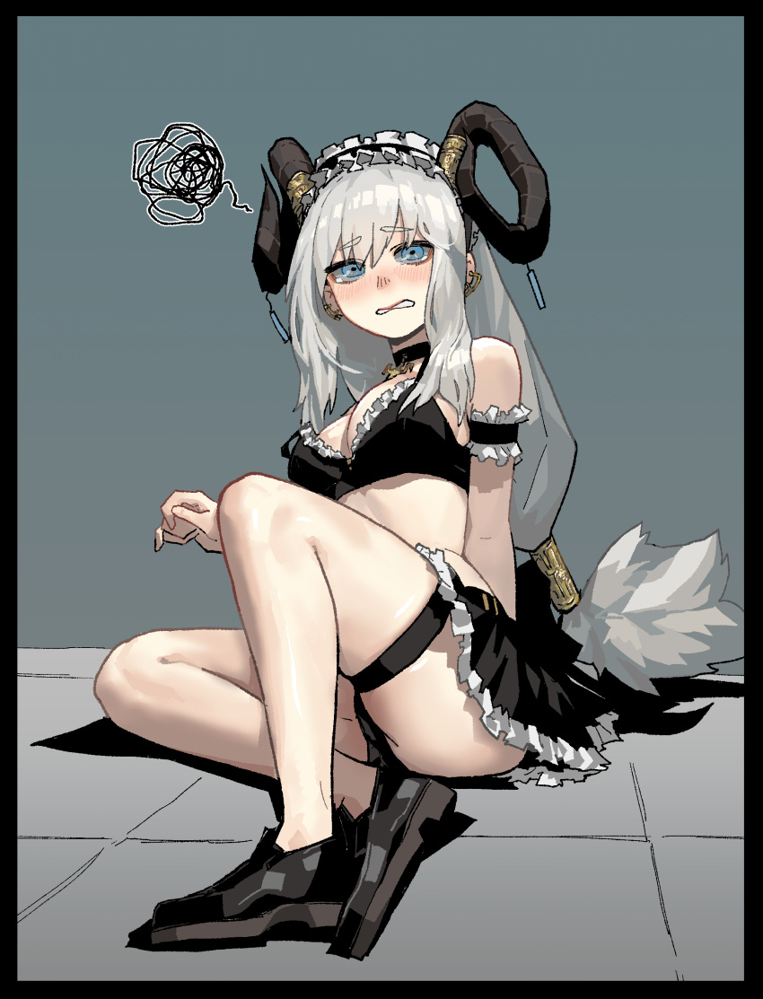 1girl absurdres alternate_costume bikini black_bikini black_border black_choker black_footwear black_skirt blue_eyes blush border breasts choker curled_horns d: earrings embarrassed enmaided eyebrows_visible_through_hair gogalking grey_hair highres horn_ornament horn_ring horns jewelry leaning_back long_hair looking_at_viewer low-tied_long_hair maid maid_bikini maid_headdress medium_breasts open_mouth original sheep_girl_(gogalking) sheep_horns shoes sitting skindentation skirt solo squiggle swimsuit thigh_strap