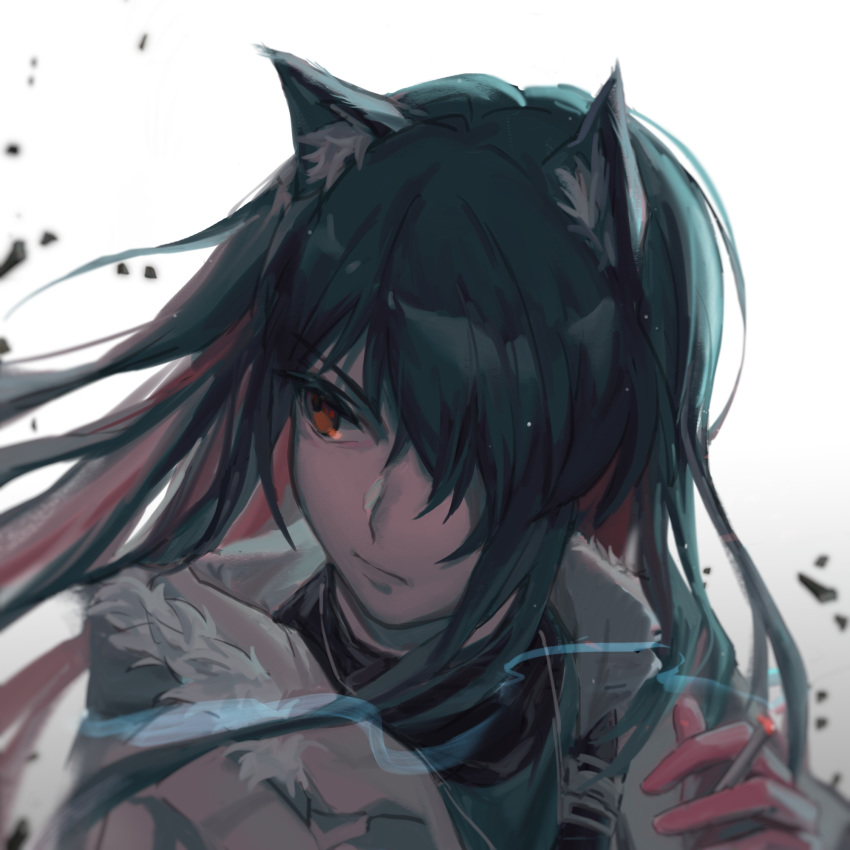 1girl animal_ear_fluff animal_ears arknights bangs black_hair brown_eyes cigarette fur-trimmed_jacket fur_trim gloves hair_between_eyes highres holding holding_cigarette jacket jue_zz long_hair looking_to_the_side mixed-language_commentary multicolored_hair one_eye_covered portrait red_gloves redhead smoke smoke_trail solo texas_(arknights) two-tone_hair white_jacket wolf_ears wolf_girl