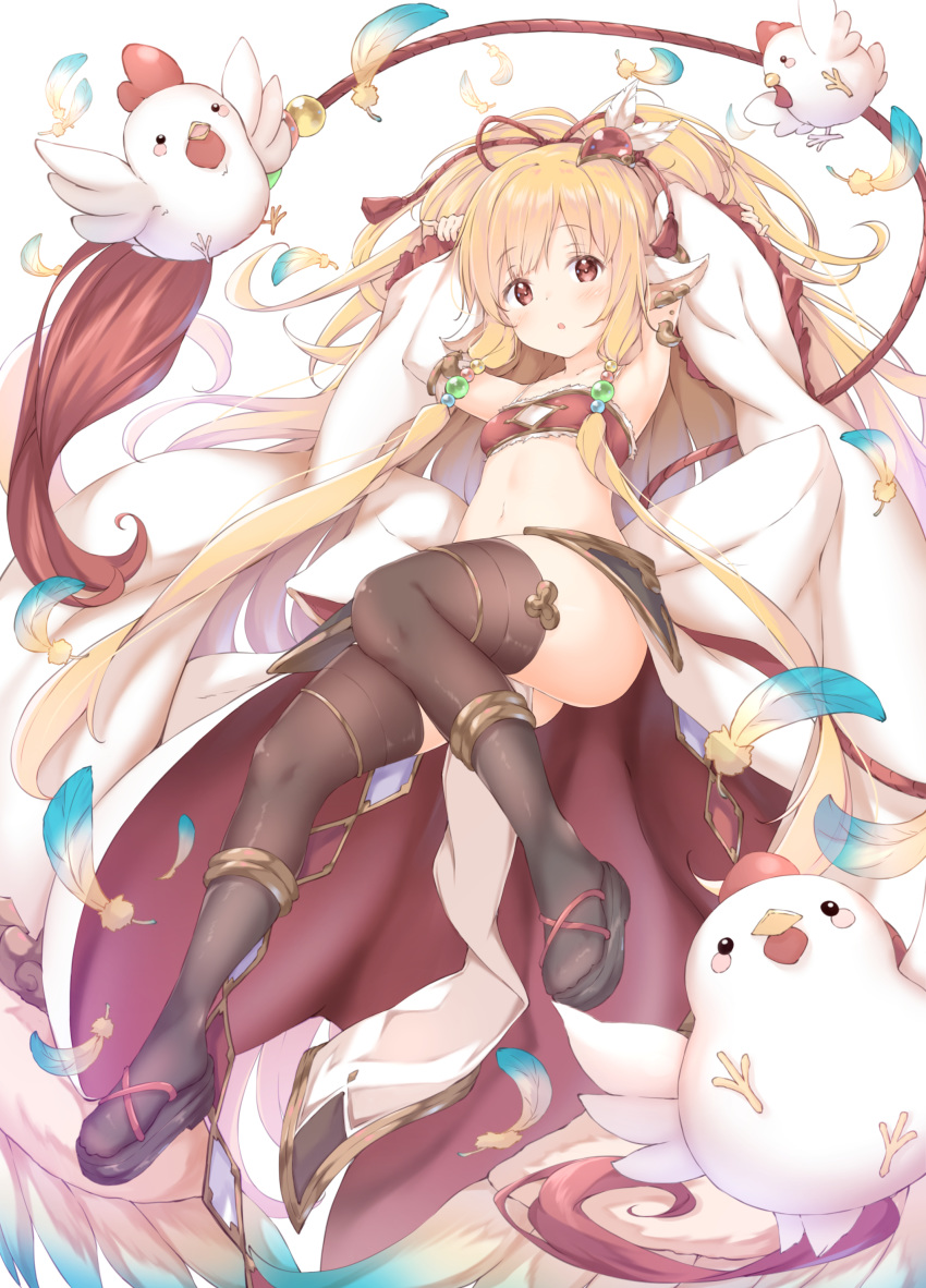 1girl absurdres animal_ears anklet bandeau beads bird black_legwear blush chicken chinese_zodiac feathers granblue_fantasy hair_beads hair_feathers hair_ornament harvin highres jewelry long_hair looking_at_viewer mahira_(granblue_fantasy) monkey_ears red_bandeau sandals solo thigh-highs ukiwakisen
