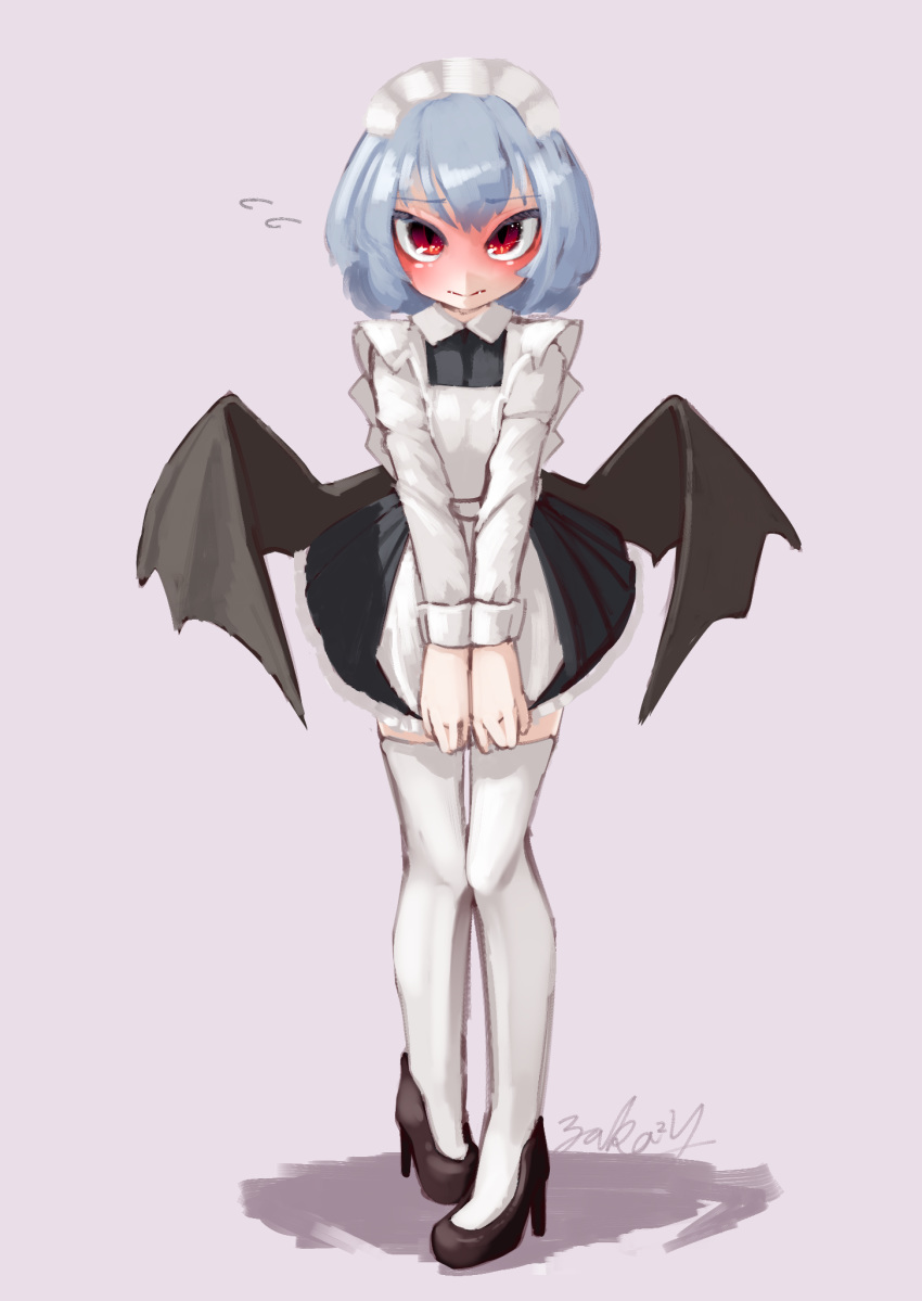1girl alternate_costume apron bangs bat_wings black_footwear black_wings blue_hair blush closed_mouth enmaided eyebrows_visible_through_hair flying_sweatdrops full_body high_heels highres long_sleeves looking_at_viewer maid maid_headdress red_eyes remilia_scarlet short_hair signature simple_background solo standing thigh-highs touhou white_apron white_legwear wings zakozako_y