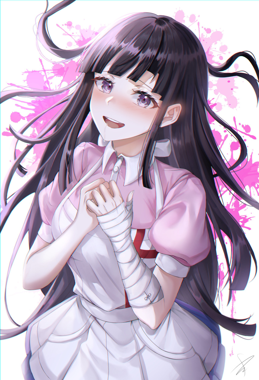 1girl absurdres apron bandaged_arm bandages bangs blood blood_splatter bloom blunt_bangs blush clenched_hand collared_shirt commentary cowboy_shot dangan_ronpa drooling eyebrows_visible_through_hair ffflilil floating_hair from_above hands_on_own_chest hands_up highres long_hair looking_at_viewer miniskirt nose_blush nurse open_mouth own_hands_together pink_blood pink_shirt pleated_skirt pocket puffy_short_sleeves puffy_sleeves purple_hair shirt short_sleeves signature skirt solo splatter splatter_background standing super_dangan_ronpa_2 symbol_commentary tsumiki_mikan very_long_hair violet_eyes white_apron white_background white_skirt wing_collar
