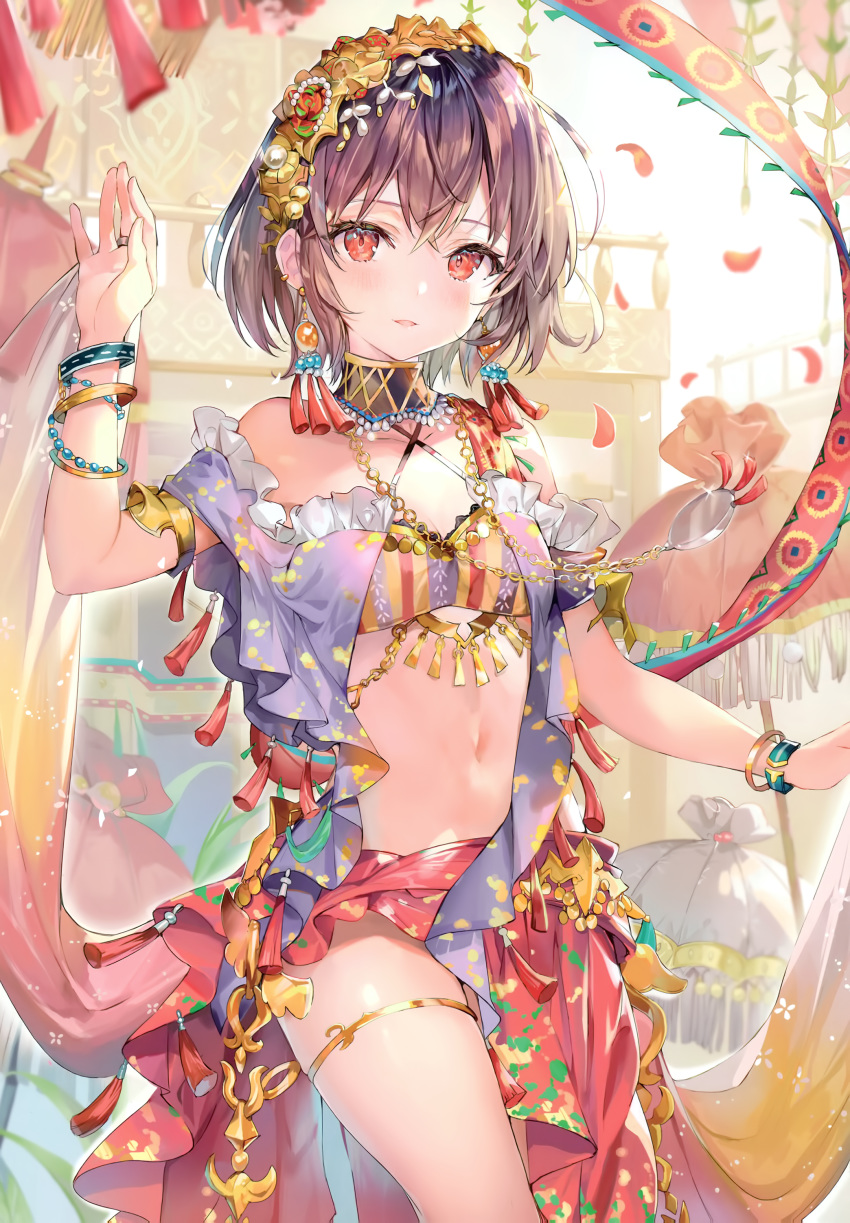 1girl absurdres anklet arm_up bangle bare_shoulders bracelet breasts brown_hair collar cowboy_shot criss-cross_halter earrings hair_ornament halterneck headdress highres jewelry looking_at_viewer midriff momoko_(momopoco) navel original parted_lips red_eyes red_skirt revealing_clothes scan short_hair skirt small_breasts solo stomach striped tassel thighs