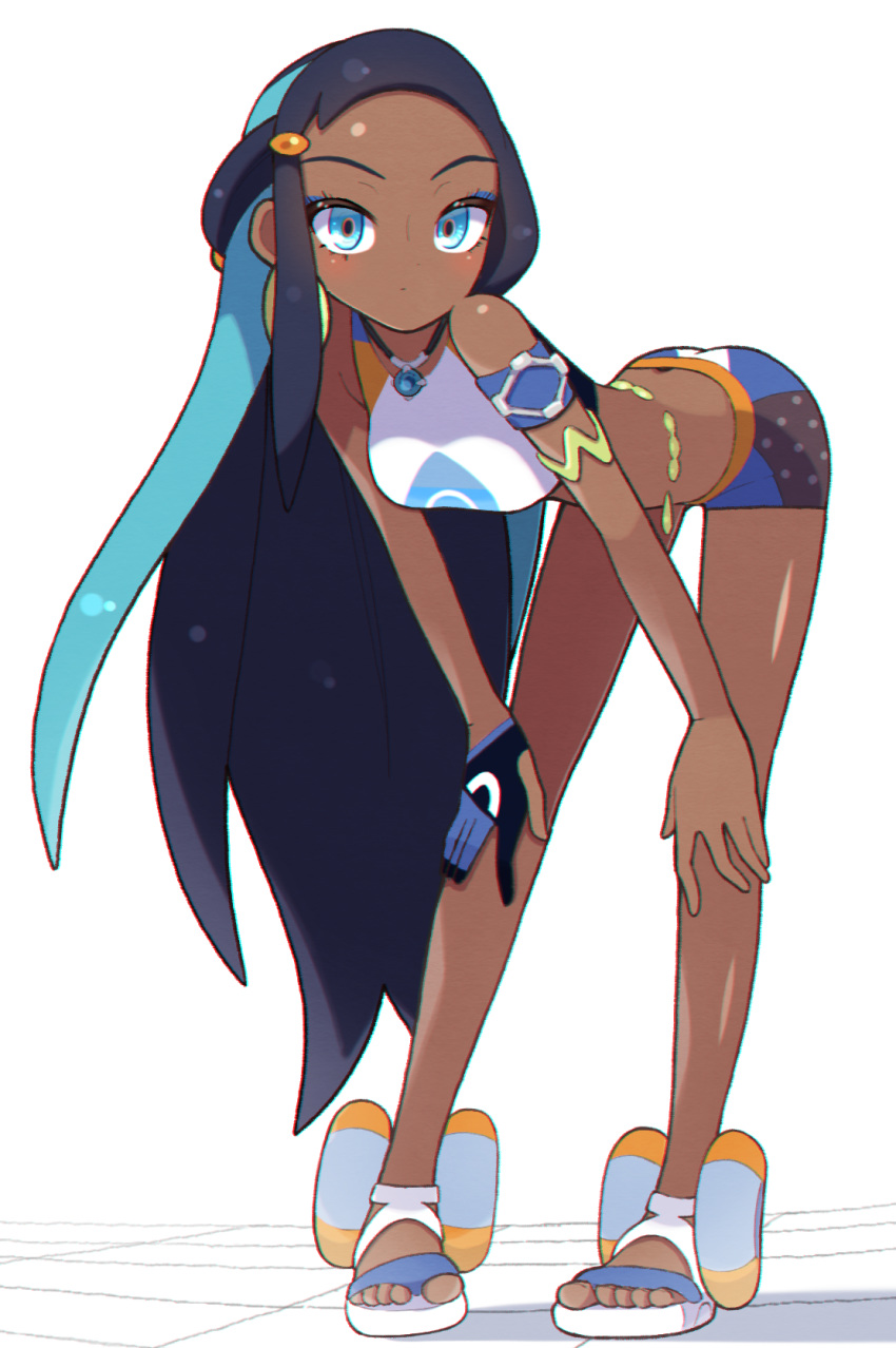 1girl armlet bare_shoulders belly_chain bent_over black_hair blue_eyes blue_gloves blue_hair blush breasts chromatic_aberration commentary dark_skin earrings full_body gloves grid gym_leader hands_on_own_knees highres hoop_earrings jewelry leaning_forward long_hair long_legs looking_at_viewer medium_breasts multicolored_hair necklace nessa_(pokemon) otyaduke pendant pigeon-toed pokemon pokemon_(game) pokemon_swsh sandals shiny shiny_skin simple_background single_glove skinny solo standing swimsuit tankini toes two-tone_hair very_long_hair white_background