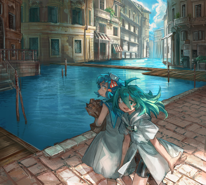 2girls :d ahoge bag bike_shorts blue_hair blue_sailor_collar canal clouds cloudy_sky day dress green_eyes green_hair groceries grocery_bag highres holding holding_bag house looking_at_viewer multiple_girls open_mouth outdoors paper_bag parted_lips sailor_collar sailor_dress shichigatsu shopping_bag sky smile standing town white_dress