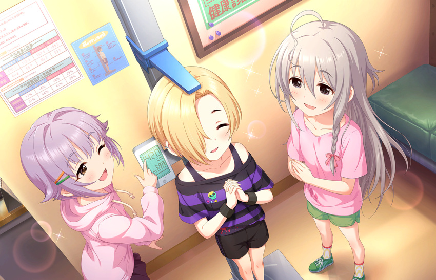 blonde_hair blush closed_eyes idolmaster_cinderella_girls_starlight_stage shirasaka_koume shirt short_hair smile