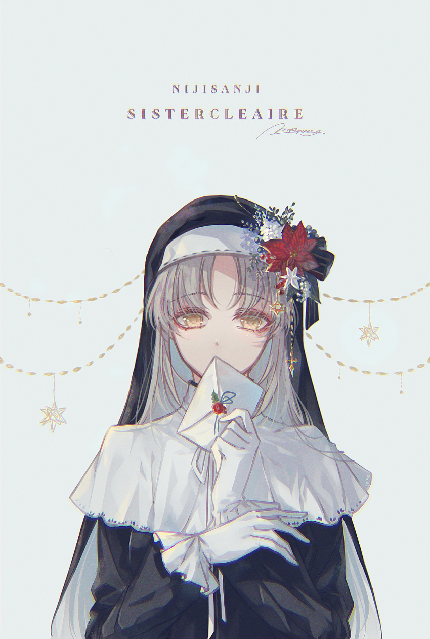 1girl artist_name bangs character_name copyright_name flower gloves habit hair_flower hair_ornament highres holding holding_letter letter light_brown_hair looking_at_viewer mokoppe nijisanji parted_bangs poinsettia signature sister_cleaire solo upper_body virtual_youtuber white_gloves yellow_eyes