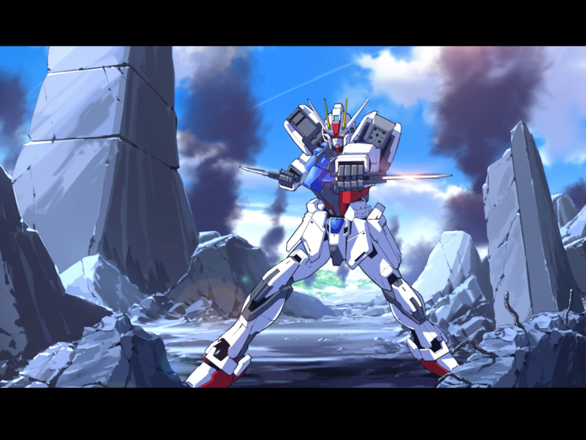 dual_wielding g.yamamoto glowing glowing_eye gundam gundam_seed holding holding_knife knife looking_at_viewer mecha no_humans rubble science_fiction solo standing strike_gundam v-fin yellow_eyes