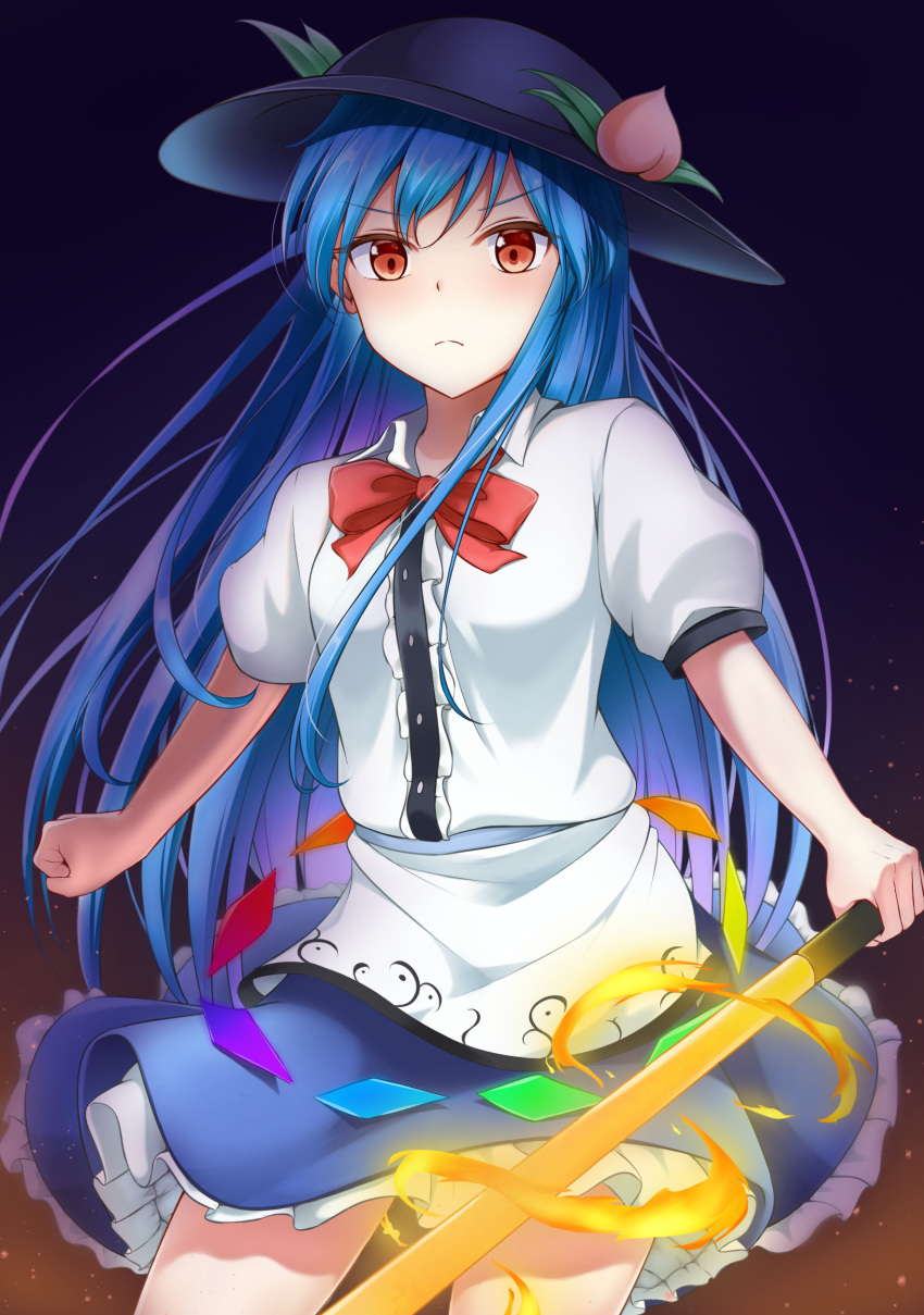 1girl absurdres bangs black_headwear blue_background blue_hair blue_skirt bow bowtie breasts clenched_hand commentary contrapposto cowboy_shot flaming_sword flaming_weapon food frown fruit glowing gradient gradient_background highres hinanawi_tenshi holding holding_sword holding_weapon light_particles long_hair mirorizumu peach petticoat puffy_short_sleeves puffy_sleeves rainbow_order red_bow red_eyes shirt short_sleeves skirt small_breasts solo standing swept_bangs sword sword_of_hisou touhou v-shaped_eyebrows very_long_hair weapon white_shirt