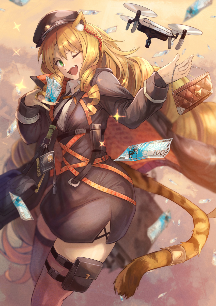 1girl ;d animal_ear_fluff animal_ears arknights bangs black_dress black_headwear blonde_hair commentary cowboy_shot dress drone eyebrows_visible_through_hair fang green_eyes hair_between_eyes highres long_hair long_sleeves looking_at_viewer lungmen_dollar money ohako_(ohako1818) one_eye_closed open_mouth pencil_dress pouch revision smile solo sparkle swire_(arknights) tail tail_ring thigh-highs thigh_strap tiger_ears tiger_tail very_long_hair zettai_ryouiki