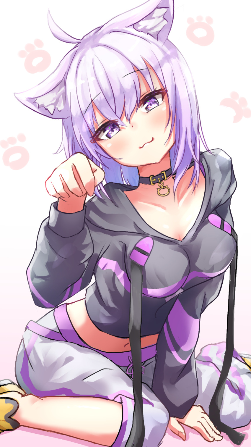 1girl :3 ahoge animal_ears arm_support baggy_pants black_collar black_hoodie breasts cat_ears cat_girl cat_tail closed_mouth collar commentary_request crop_top hair_between_eyes highres hololive hood hoodie large_breasts long_hair looking_at_viewer midriff mixyuto navel nekomata_okayu pants paw_pose purple_hair shoes sitting sneakers solo tail violet_eyes white_pants yellow_footwear