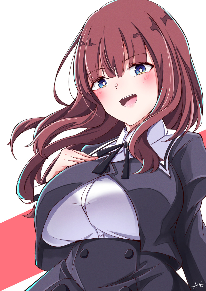1girl absurdres ash_(shikkoku_no_tsubasa) assault_lily blue_eyes blush breasts brown_hair character_request hand_on_own_chest highres large_breasts long_hair looking_at_viewer open_mouth smile solo upper_body