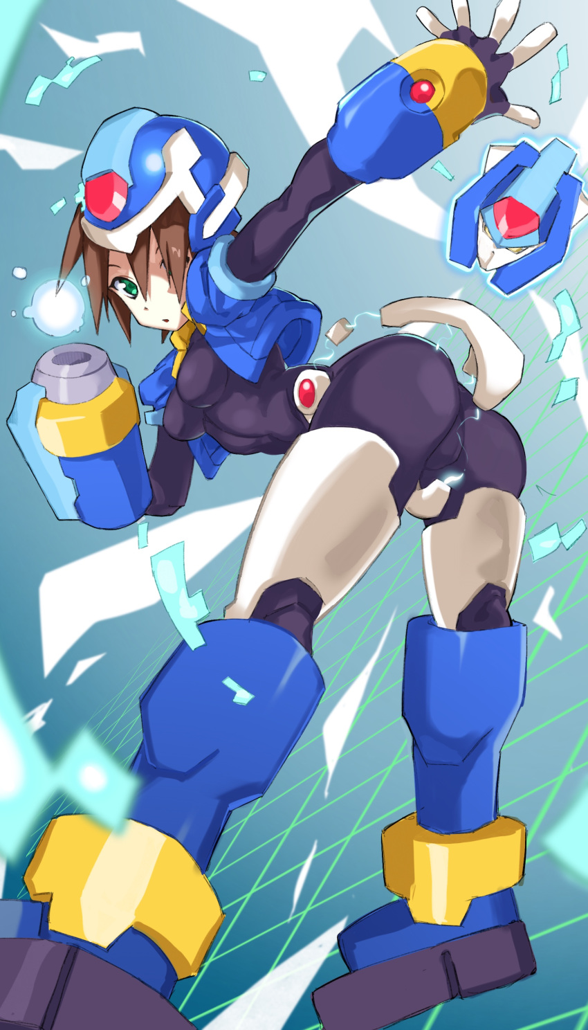 1girl absurdres aile aqua_eyes arm_cannon ass bent_over blue_jacket bodysuit breasts brown_hair cropped_jacket grid highres jacket livemetal looking_at_viewer model_x open_clothes open_jacket pretty-purin720 puffy_short_sleeves puffy_sleeves purple_bodysuit rockman rockman_zx short_hair short_sleeves skin_tight small_breasts solo weapon