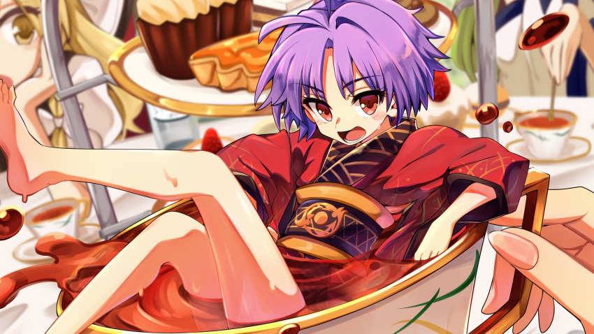 absurdres baba_(baba_seimaijo) bare_legs barefoot blonde_hair blurry blurry_background cake commentary_request cup dutch_angle food green_hair highres in_container in_cup japanese_clothes kimono kirisame_marisa kochiya_sanae looking_at_viewer minigirl multiple_girls obi pov pov_hands purple_hair red_eyes sash sukuna_shinmyoumaru sweatdrop tea teacup touhou wide_sleeves