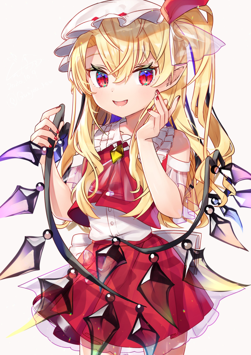 1girl :d adapted_costume alternate_hair_length alternate_hairstyle ascot bangs bare_shoulders blonde_hair brooch commentary_request cowboy_shot crystal fangs flandre_scarlet frilled_shirt_collar frills gunjou_row hair_between_eyes hand_on_own_cheek hat hat_ribbon highres holding jewelry long_hair looking_at_viewer mob_cap nail_polish one_side_up open_mouth petticoat pointy_ears red_eyes red_nails red_ribbon red_skirt red_vest ribbon shirt simple_background skirt skirt_set slit_pupils smile solo standing touhou vest white_background white_shirt wings
