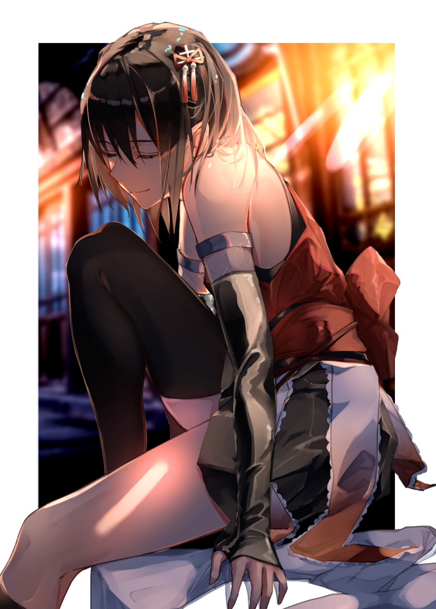 1girl absurdres asymmetrical_legwear black_gloves black_hair black_legwear black_skirt closed_eyes cowboy_shot double-breasted fingerless_gloves gloves highres kantai_collection kumanoko remodel_(kantai_collection) scarf school_uniform sendai_(kantai_collection) serafuku short_hair single_thighhigh sitting skirt smile solo thigh-highs two_side_up white_scarf