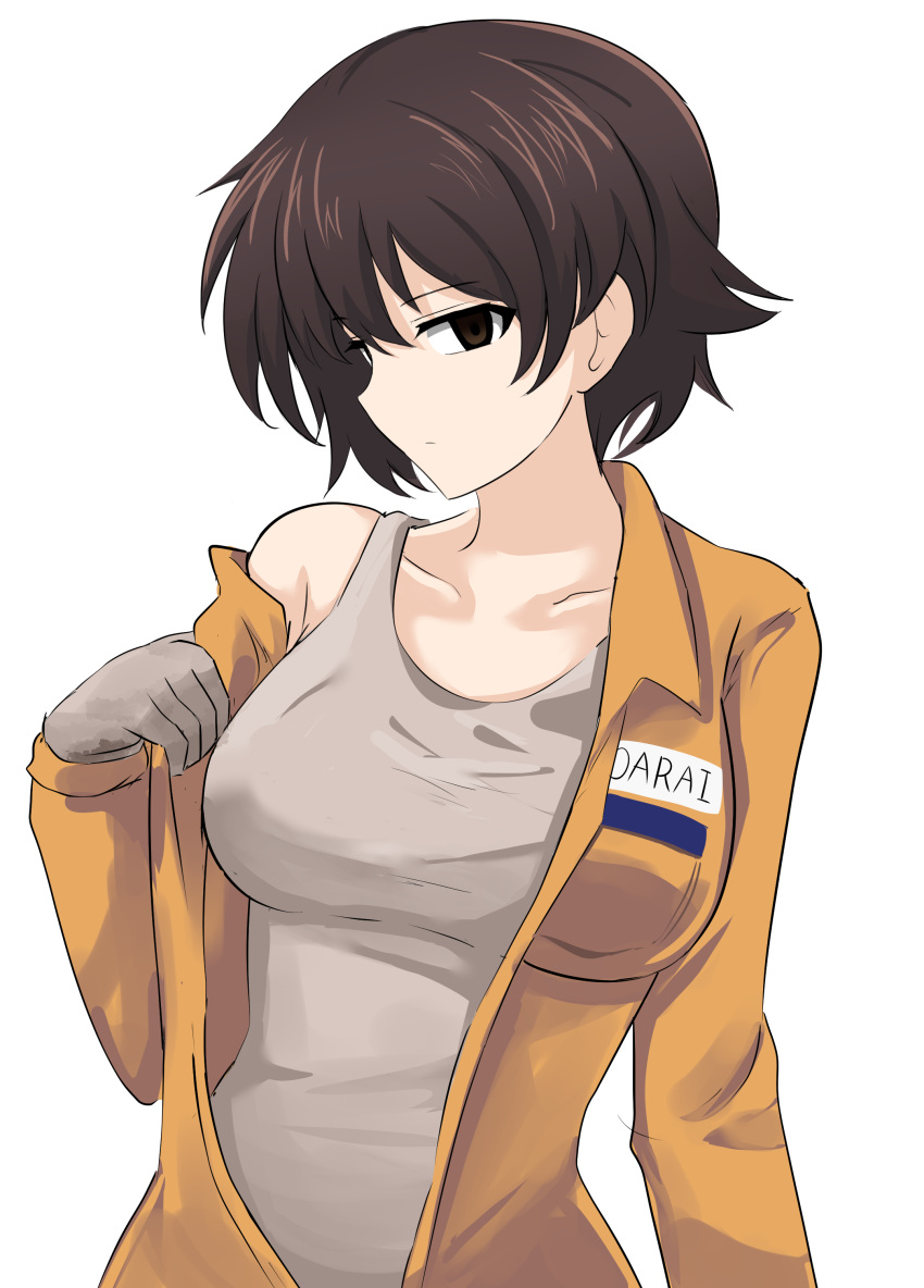 1girl absurdres aikir_(jml5160) breasts brown_eyes brown_hair cowboy_shot facing_away girls_und_panzer gloves grey_gloves grey_tank_top highres jumpsuit looking_at_viewer medium_breasts nakajima_(girls_und_panzer) short_hair solo tank_top unzipped white_background yellow_overalls