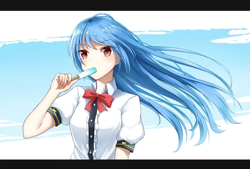 1girl bangs blue_hair blush bow bowtie breasts clouds commentary day eyebrows_visible_through_hair eyes_visible_through_hair floating_hair food food_in_mouth highres hinanawi_tenshi holding holding_food long_hair medium_breasts mirorizumu no_headwear popsicle puffy_short_sleeves puffy_sleeves red_bow red_eyes shirt short_sleeves simple_background sky swept_bangs touhou upper_body v-shaped_eyebrows very_long_hair white_shirt