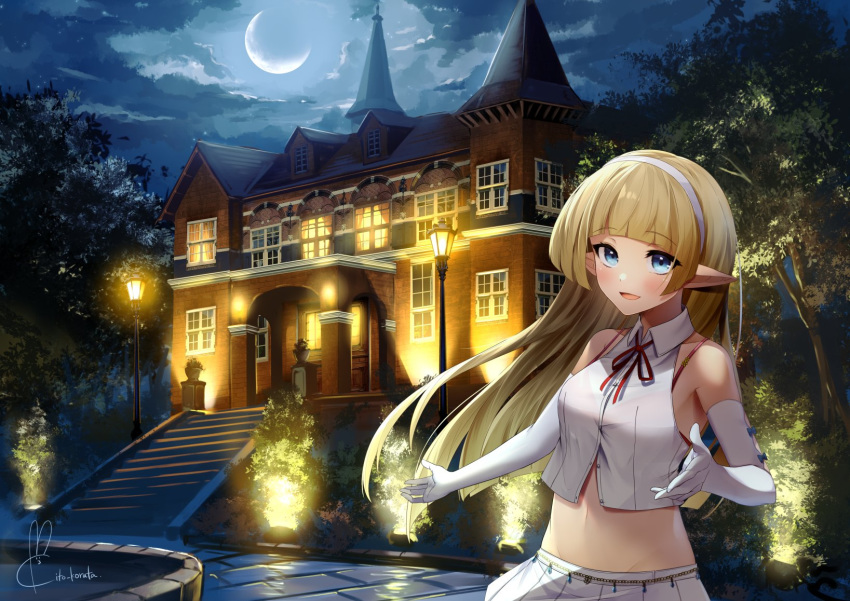 1girl bare_shoulders blonde_hair blue_eyes breasts clouds cloudy_sky collared_shirt elbow_gloves elf elf_no_radral gloves hairband highres house kito_koruta lamppost long_hair looking_at_viewer moon navel neck_ribbon night original pointy_ears reaching_out ribbon shirt sky sleeveless sleeveless_shirt smile white_gloves white_shirt