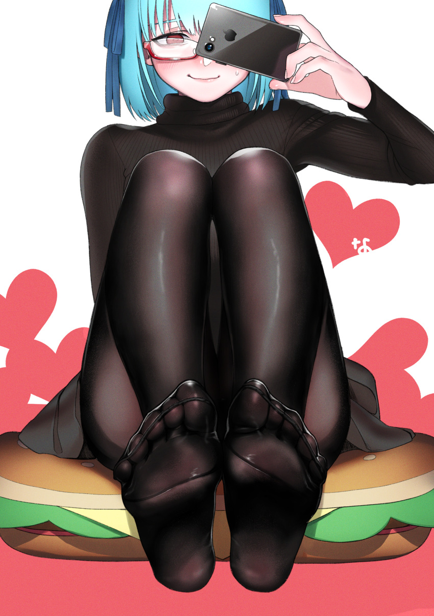 1girl absurdres aqua_hair bangs black_sweater blush cellphone cushion feet glasses hamburger-chan_(nekoume) heart highres holding holding_phone lips long_sleeves nanja no_shoes original pantyhose phone red-framed_eyewear red_eyes ribbed_sweater self_shot simple_background sitting smartphone soles solo sweat sweater turtleneck turtleneck_sweater two-tone_background wavy_mouth