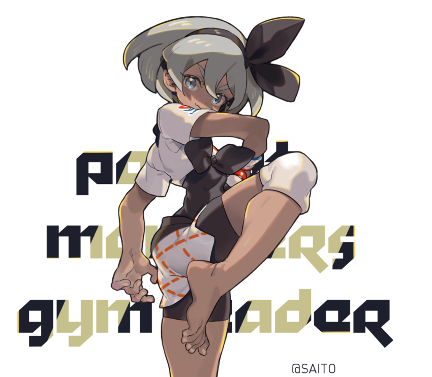 1girl amana_(pocketkey) background_text barefoot bea_(pokemon) black_bodysuit black_hairband bodysuit bodysuit_under_clothes character_name closed_mouth commentary dark_skin english_text fighting_stance gloves grey_eyes grey_hair gym_leader hairband holding holding_poke_ball knee_pads leg_up looking_at_viewer poke_ball poke_ball_(basic) pokemon pokemon_(game) pokemon_swsh print_shirt print_shorts shirt short_hair short_shorts short_sleeves shorts simple_background single_glove smile solo standing tied_shirt v-shaped_eyebrows white_background white_shirt white_shorts