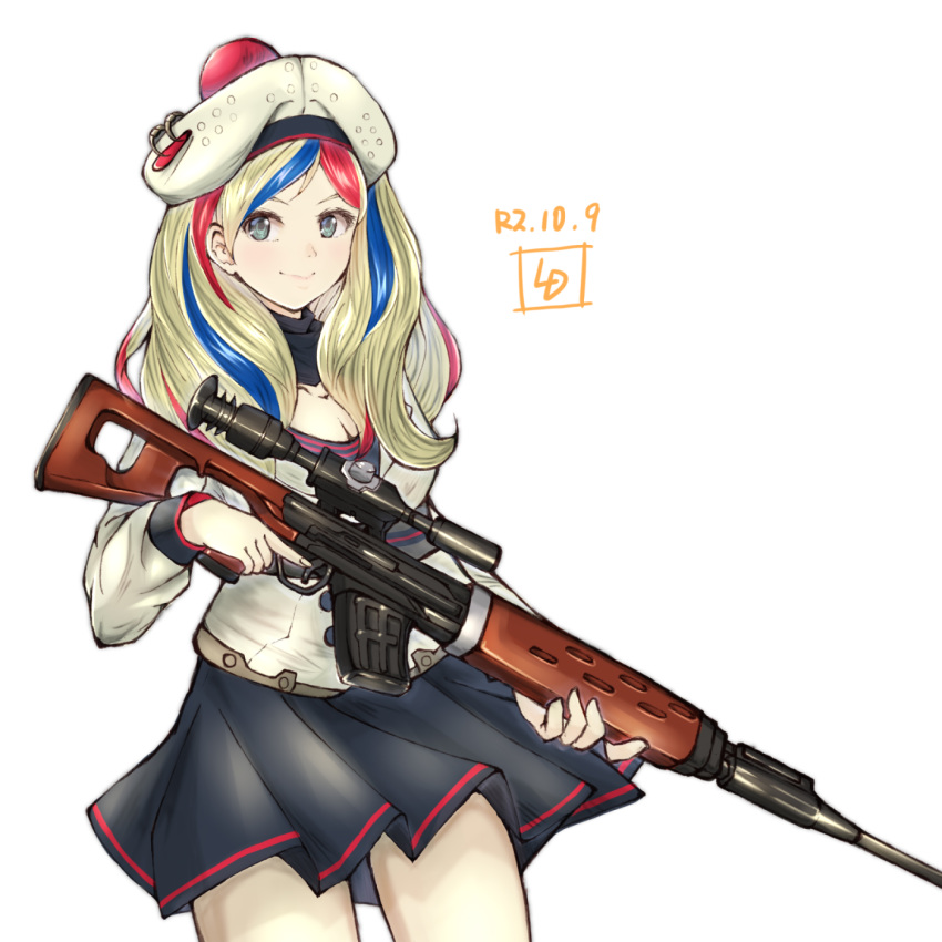 1girl aqua_eyes bangs belt beret blonde_hair blue_hair commandant_teste_(kantai_collection) cowboy_shot dated double-breasted dress gun hat highres holding holding_weapon initial jacket kantai_collection ld long_hair multicolored_hair pom_pom_(clothes) redhead rifle scarf streaked_hair swept_bangs wavy_hair weapon white_background