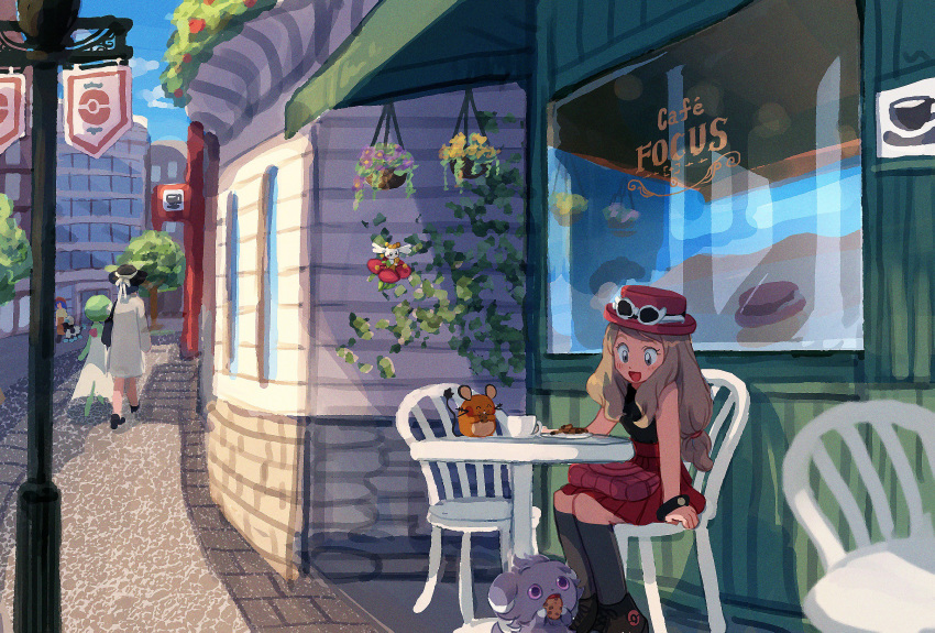 3girls black_legwear blush brown_hair cafe chair clouds commentary_request day dedenne elizabeth_(tomas21) espurr eyelashes eyewear_on_head furfrou gardevoir gen_3_pokemon gen_6_pokemon hat highres long_hair looking_down lumiose_city multiple_girls open_mouth outdoors pleated_skirt pokemon pokemon_(creature) pokemon_(game) pokemon_xy red_skirt road serena_(pokemon) shoes sitting skirt sky smile socks street sunglasses table