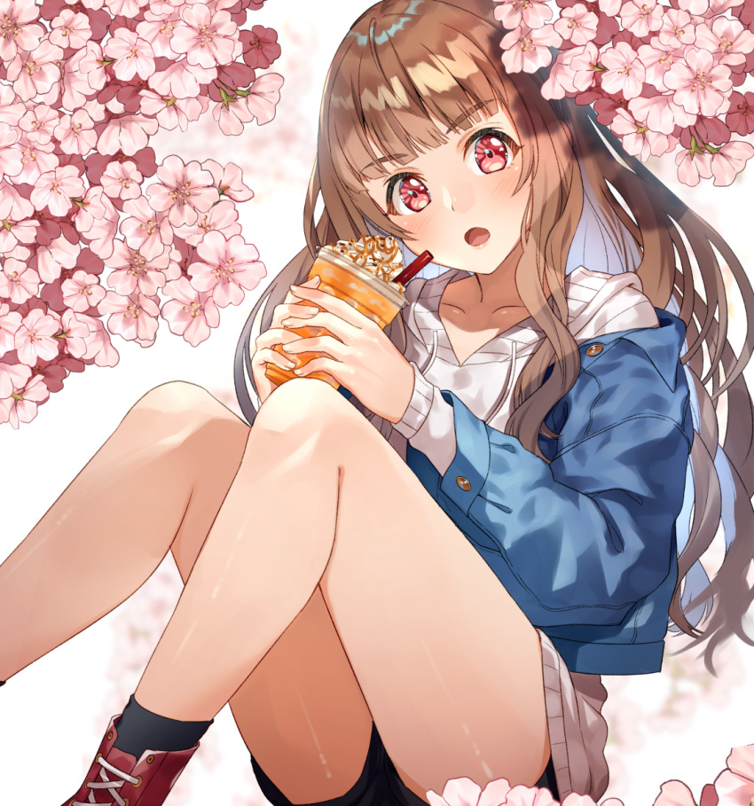 1girl alternate_hairstyle bangs bare_legs black_legwear blunt_bangs boots brown_hair cherry_blossoms commentary_request cup denim denim_jacket disposable_cup drink drinking_straw eyebrows_visible_through_hair hair_down highres idolmaster idolmaster_cinderella_girls kamiya_nao knees_up long_sleeves looking_at_viewer matsusatoru_kouji open_mouth red_eyes short_shorts shorts solo thick_eyebrows thighs v-neck white_background