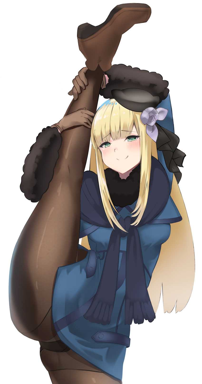 1girl absurdres arms_up ass bangs black_headwear black_scarf blonde_hair blue_coat blue_jacket blue_scarf blush breasts brown_footwear brown_gloves closed_mouth coat commentary_request eyebrows_visible_through_hair fate/grand_order fate_(series) fur-trimmed_sleeves fur_scarf fur_trim gloves green_eyes hat highres jacket leg_hold leg_up long_hair long_sleeves oyamaru panties panties_under_pantyhose pantyhose reines_el-melloi_archisorte scarf simple_background smile solo split standing standing_on_one_leg standing_split thighs underwear white_background