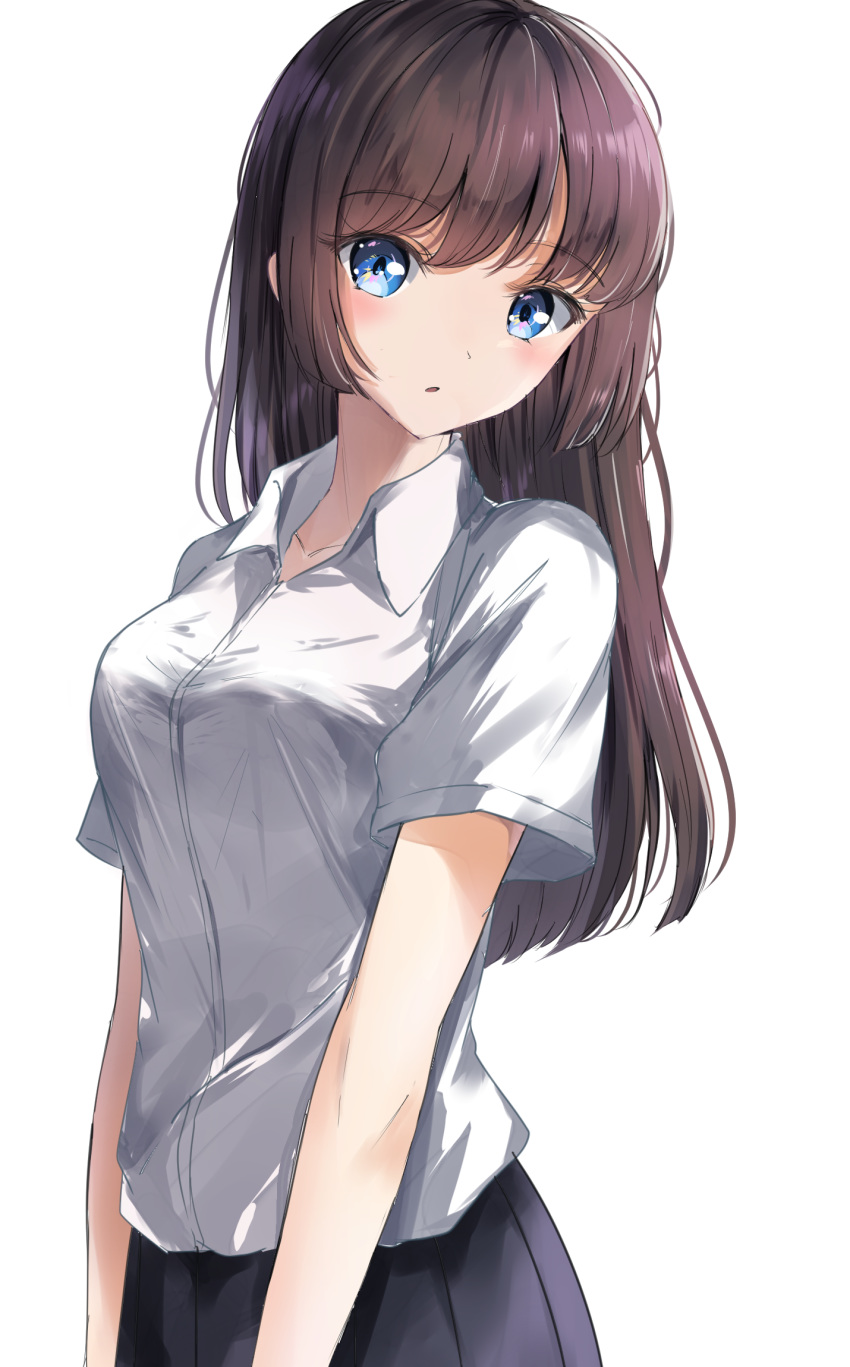 1girl bangs black_hair black_skirt blue_eyes blush breasts collarbone collared_shirt commentary_request dress_shirt eyebrows_visible_through_hair highres long_hair looking_at_viewer medium_breasts original parted_lips pleated_skirt school_uniform shirt short_sleeves simple_background sin_(sin52y) skirt solo very_long_hair white_background white_shirt