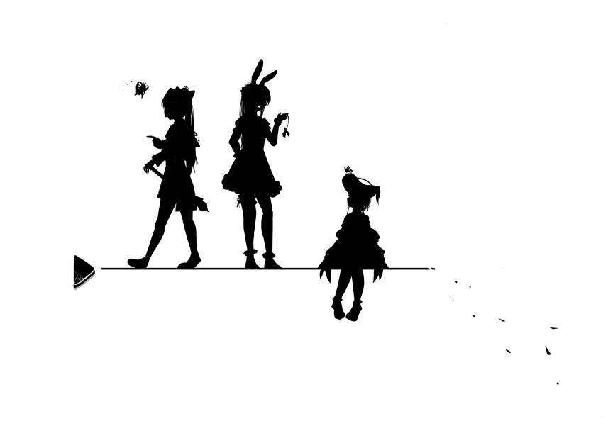 3girls animal_ears bug butterfly commentary_request greyscale hat highres holding holding_hair_ornament holding_weapon insect looking_at_another mace monochrome multiple_girls pirate_hat pointing rabbit_ears rabbit_girl shiranui_flare sitting uruha_rushia usada_pekora weapon yasagi_lapin28