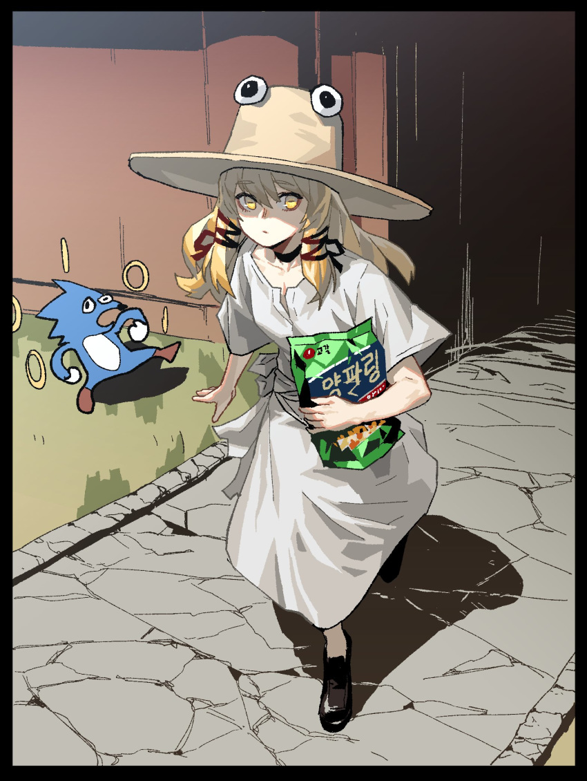 1girl black_border blonde_hair border brown_footwear closed_mouth gogalking hat highres holding horizontal_pupils korean_text long_hair looking_at_viewer moriya_suwako pyonta sanic shirt shoes short_sleeves solo sonic sonic_the_hedgehog standing touhou walking white_shirt wide_sleeves yellow_eyes yellow_headwear