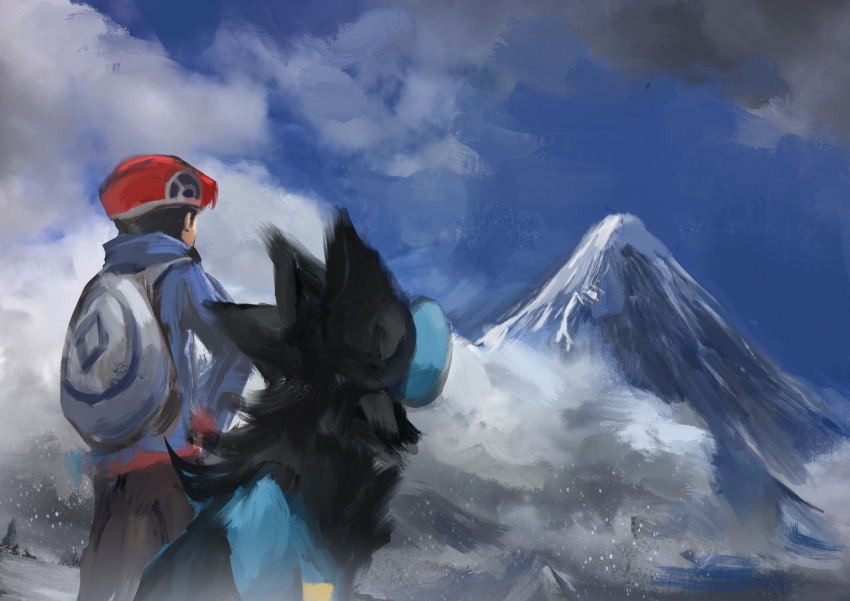 1boy backpack bag blue_jacket clouds commentary_request day from_behind gen_4_pokemon hat highres jacket long_sleeves lucas_(pokemon) luxray mountain outdoors pants pokemon pokemon_(creature) pokemon_(game) pokemon_dppt pokemon_platinum red_headwear rii2 sky standing