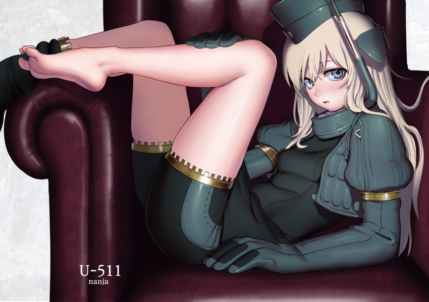 1girl artist_name bangs barefoot bike_shorts black_swimsuit blonde_hair blue_eyes blush breasts chair character_name cropped_jacket garrison_cap grey_background hat headgear highres kantai_collection long_hair nanja parted_lips puffy_sleeves simple_background small_breasts solo swimsuit thighs u-511_(kantai_collection)