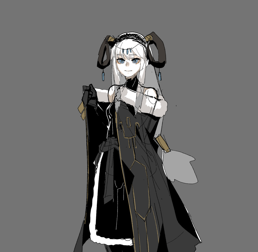 1girl black_coat black_gloves blue_eyes closed_mouth coat curled_horns gloves gogalking grey_background grey_hair hairband highres horn_ornament horn_ring horns long_hair looking_at_viewer low-tied_long_hair original sheep_girl_(gogalking) simple_background sketch smile solo standing