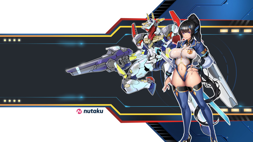 1girl artist_request black_hair blue_footwear boots breasts bridal_gauntlets clothing_cutout commentary covered_nipples english_commentary hand_on_hip headgear high_heel_boots high_heels highleg highleg_leotard highres impossible_clothes impossible_leotard large_breasts leotard long_hair long_sleeves mecha navel navel_cutout official_art ootachi outline police police_badge ponytail promotional_art rei_(s.f._girls) revealing_clothes s.f._girls science_fiction shrug_(clothing) thick_thighs thigh-highs thigh_boots thighs very_long_hair violet_eyes wallpaper