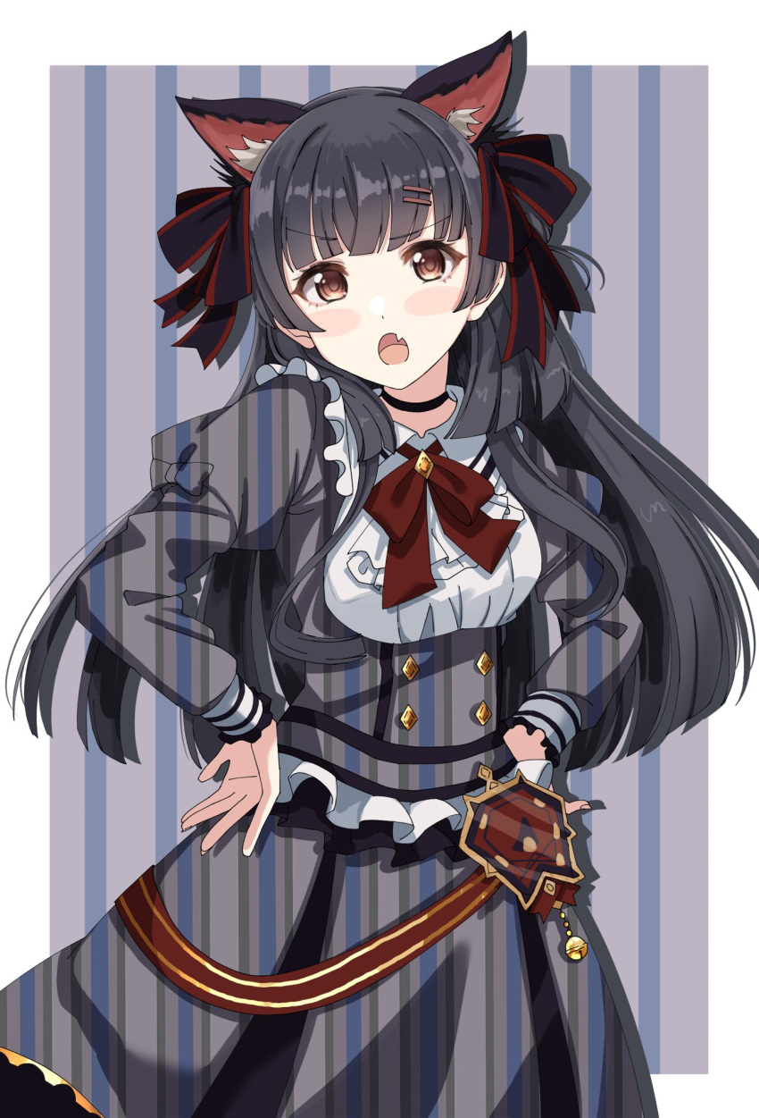 1girl :o animal_ear_fluff animal_ears bangs black_choker black_hair blunt_bangs blush_stickers bow breasts brown_eyes cat_ears choker collared_shirt commentary_request eyebrows_visible_through_hair fang grey_jacket grey_skirt hair_ornament hairclip hands_on_hips highres idolmaster idolmaster_shiny_colors jacket juliet_sleeves long_hair long_sleeves looking_at_viewer mayuzumi_fuyuko open_mouth pleated_skirt puffy_sleeves red_bow shirt shiwa_(siwaa0419) skirt small_breasts solo striped striped_background unmoving_pattern v-shaped_eyebrows vertical-striped_jacket vertical-striped_skirt vertical_stripes very_long_hair white_shirt