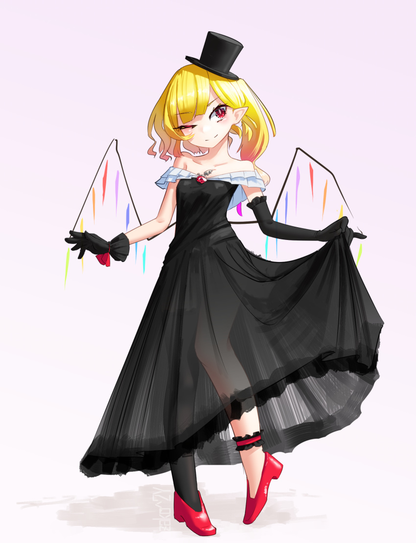 1girl ;) alternate_costume bangs bare_shoulders black_dress black_gloves black_headwear black_legwear blonde_hair closed_eyes closed_mouth dress elbow_gloves eyebrows_visible_through_hair flandre_scarlet full_body gloves gradient gradient_background hat high_heels highres long_hair mismatched_gloves one_eye_closed red_eyes red_footwear see-through see-through_dress side_ponytail single_thighhigh skirt_hold smile solo standing thigh-highs top_hat touhou zakozako_y