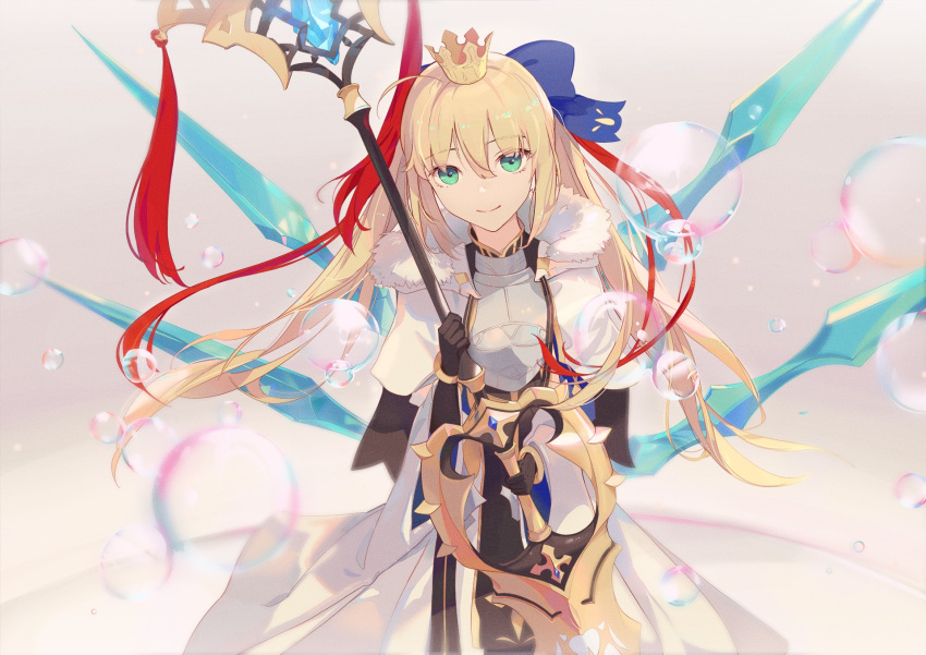 1girl ahoge armor armored_dress artoria_pendragon_(all) artoria_pendragon_(caster) bangs blonde_hair breasts bubble crown fate/grand_order fate_(series) gloves green_eyes highres holding holding_staff kodamazon long_hair long_sleeves looking_at_viewer medium_breasts staff upper_body