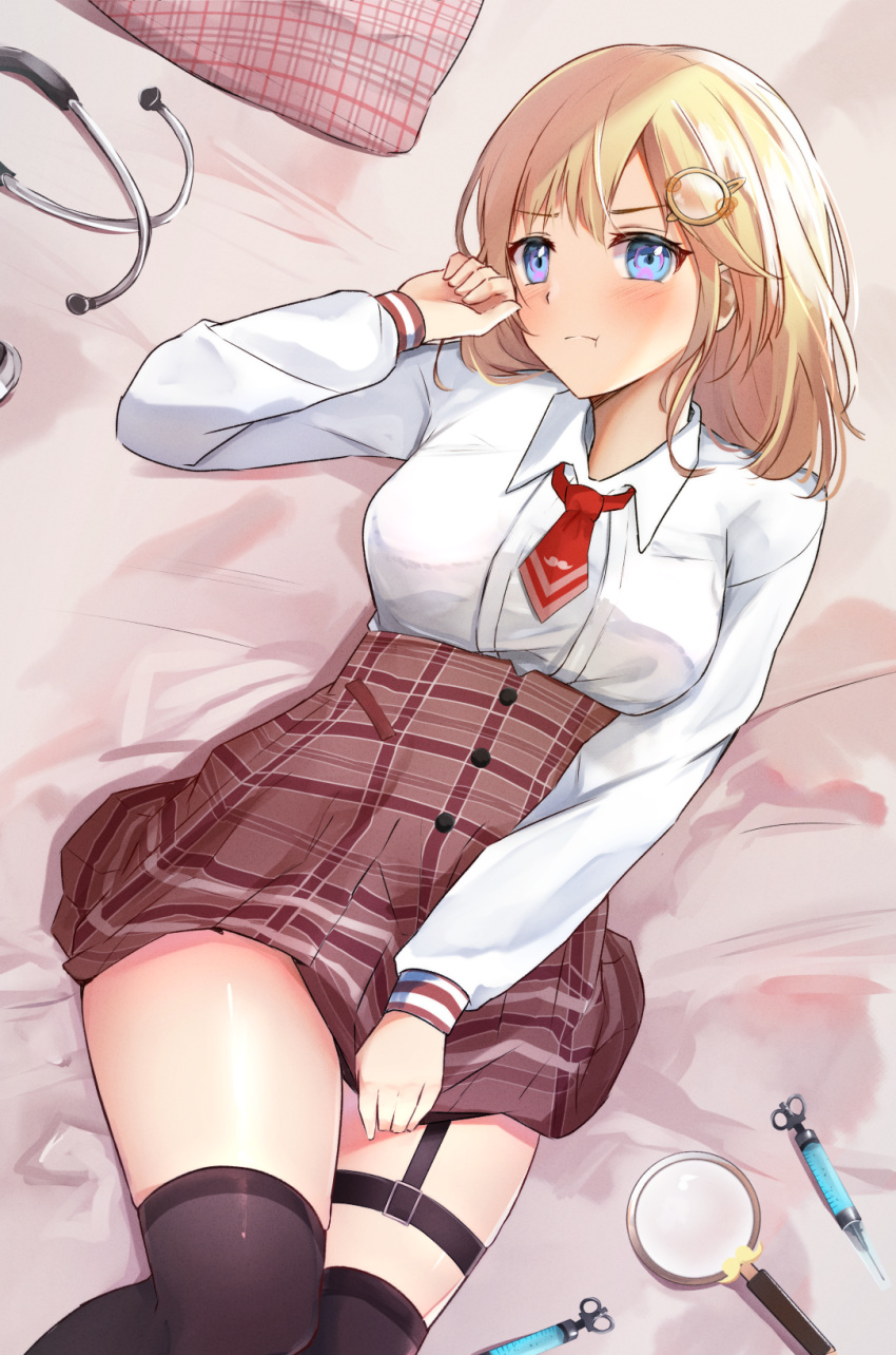 1girl bangs bed_sheet black_legwear blonde_hair blue_eyes blush breasts brown_skirt collared_shirt commentary dress_shirt hair_ornament hand_up high-waist_skirt highres hololive hololive_english long_sleeves looking_at_viewer lying miniskirt monocle_hair_ornament necktie on_back on_bed plaid plaid_skirt red_neckwear shirt shuuzo3 skirt skirt_tug solo syringe thigh-highs thighs virtual_youtuber watson_amelia white_shirt zettai_ryouiki