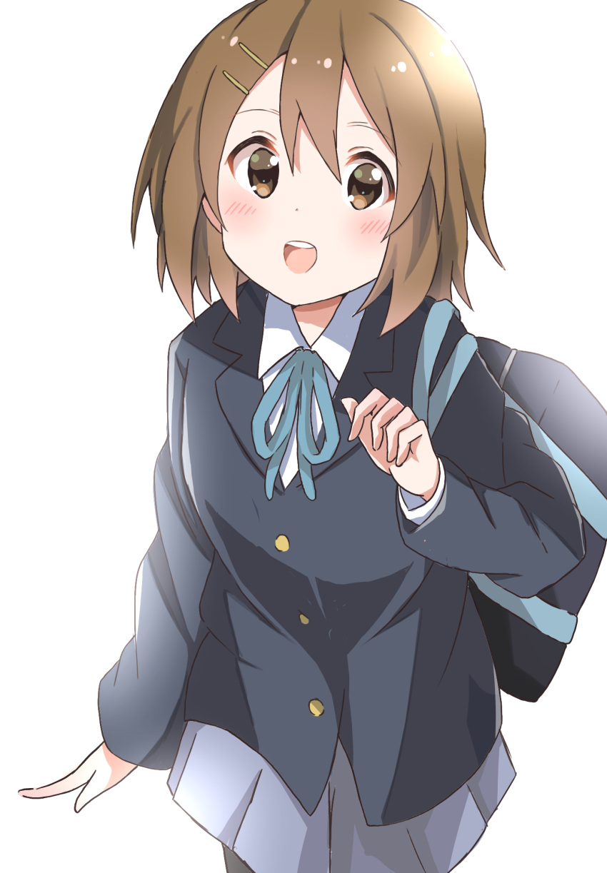 1girl bag bangs black_jacket blazer blue_ribbon blue_skirt blush brown_eyes brown_hair buttons collared_shirt hair_ornament hairclip hand_up harumiya_(meron89893) highres hirasawa_yui jacket k-on! long_sleeves looking_at_viewer neck_ribbon open_mouth pleated_skirt ribbon sakuragaoka_high_school_uniform school_bag school_uniform shirt short_hair shoulder_bag simple_background skirt smile solo white_background white_shirt